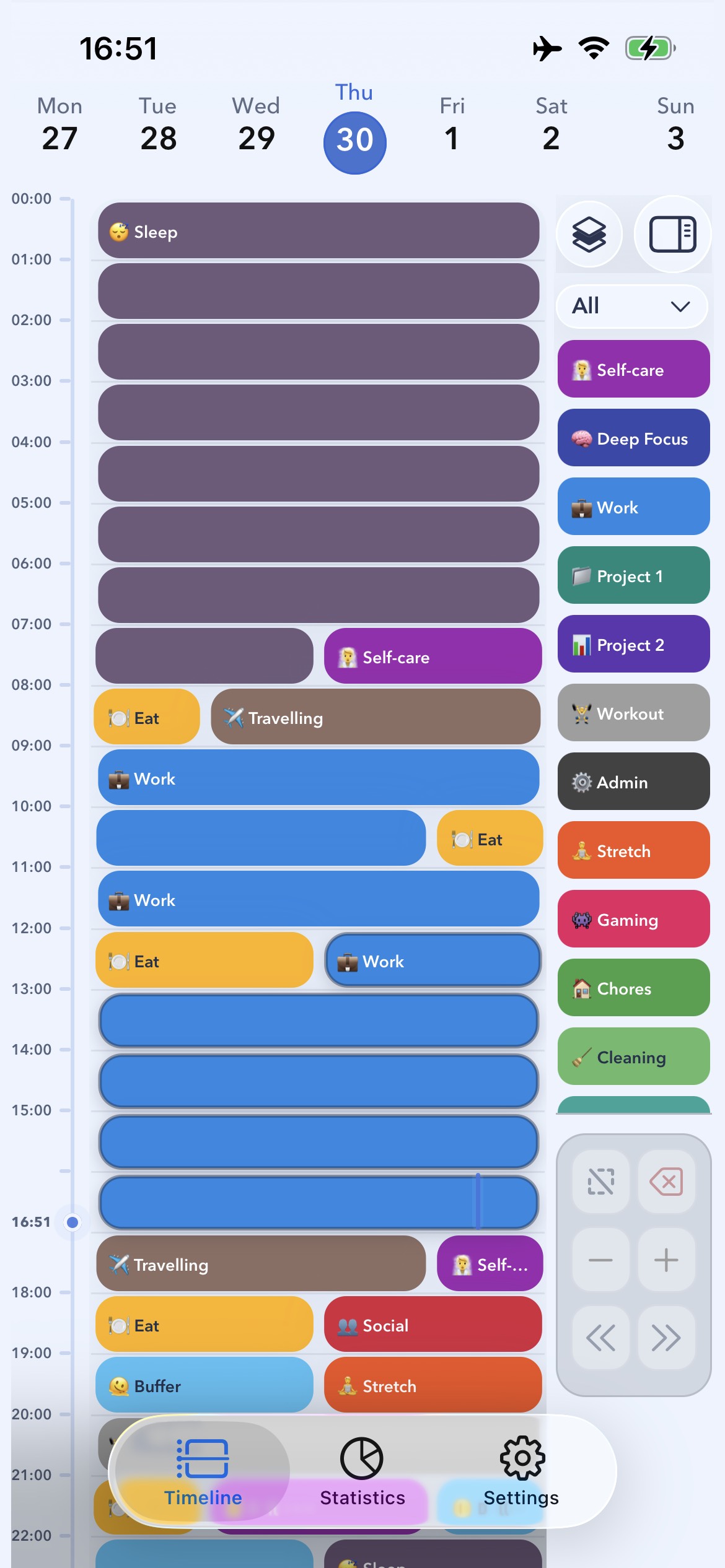 24 Block day view with the category panel showing colour-coded activities